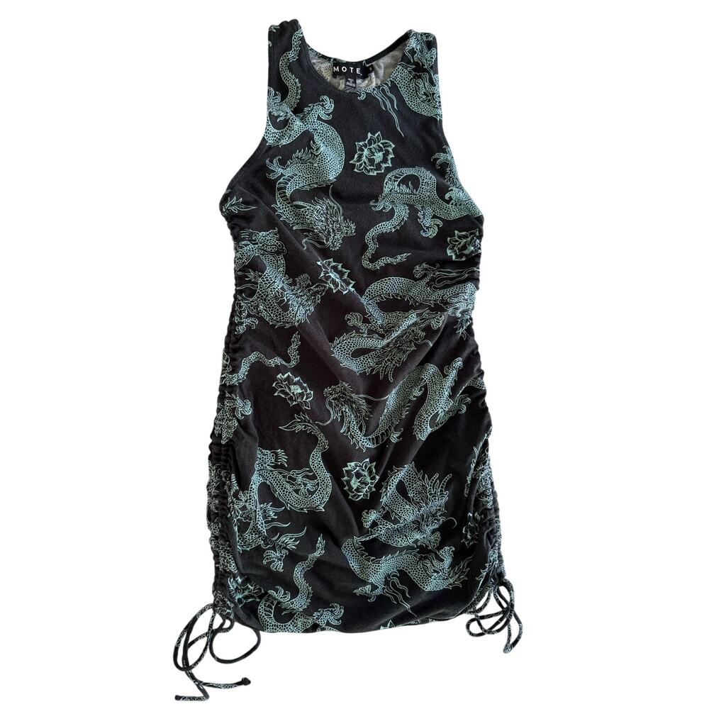 Motel Womens S Dragon Print Ruched Bodycon Mini Dress Black Y2K Drawstring